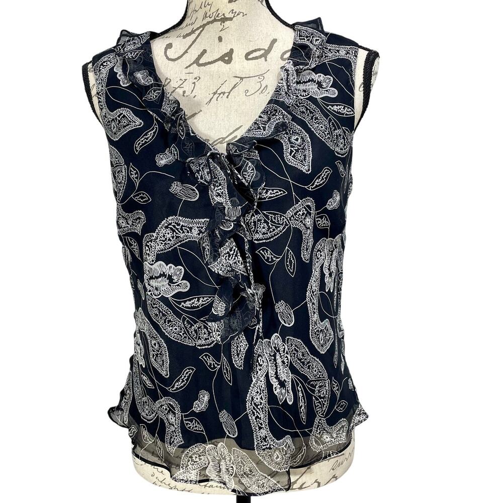Vintage 90s Black White Paisley Print Ruffle Trim Silk Layered Tank Top Size PL